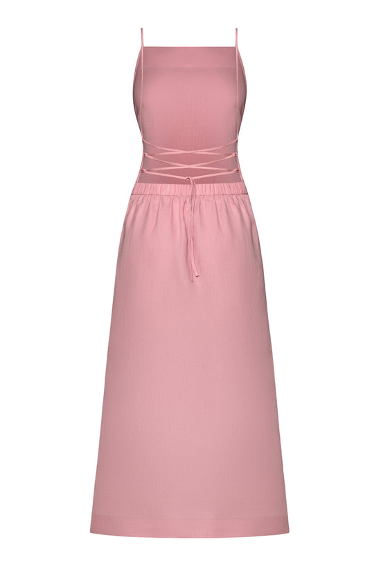 Pink Lace-Up Linen Dress