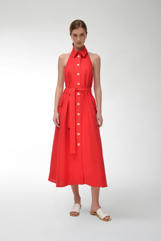 Red Linen Halter Dress
