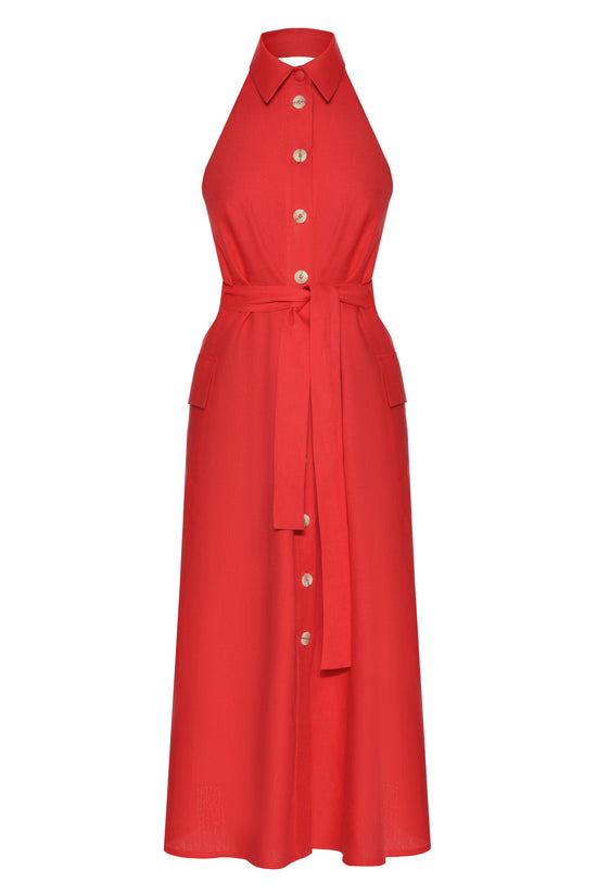 Red Linen Halter Dress